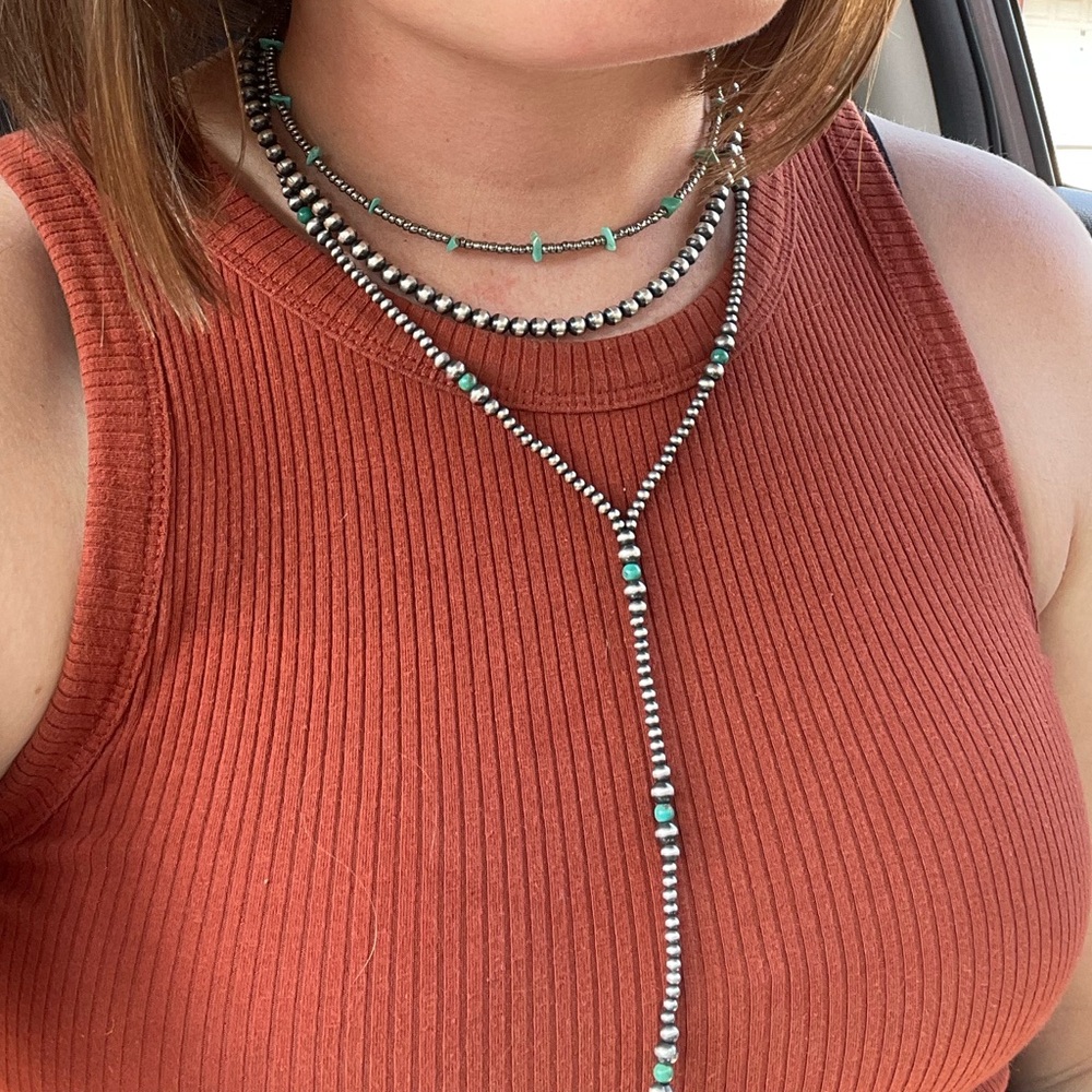 Sterling Silver Navajo pearl style 3-5mm Lariat w/turquoise pearl accents.